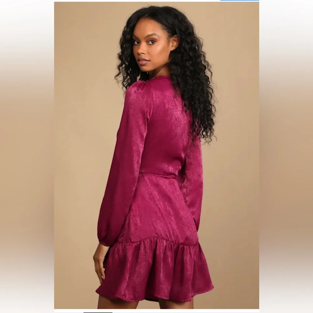 Lulu's Fuchsia Long Sleeve Wrap Dress - Picture 3 of 9